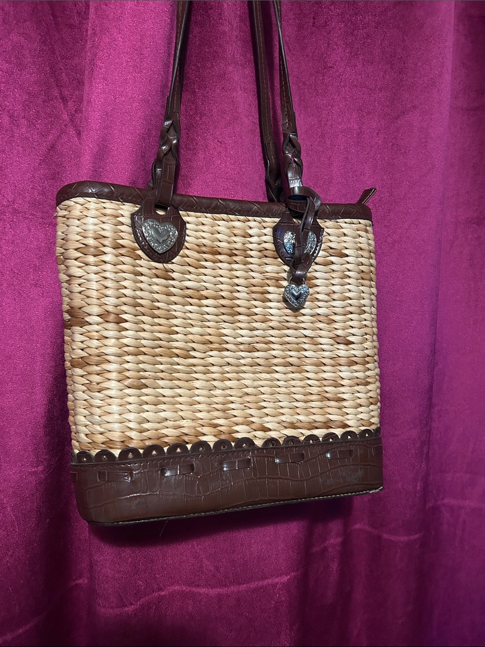 Woven Straw Tote with Brown Trim and Heart Charm